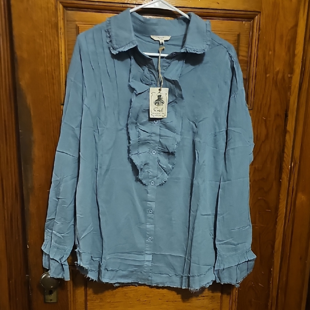 Easel Casual Blue Button Rough Hem Ruffle Shirt 100%Cotton Lg